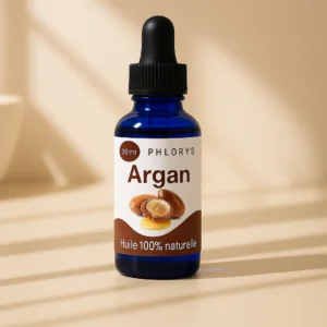 Huile d’argan 100% naturelle Phlorys – 30 ml, première pression à froid, soin visage, corps et cheveux.